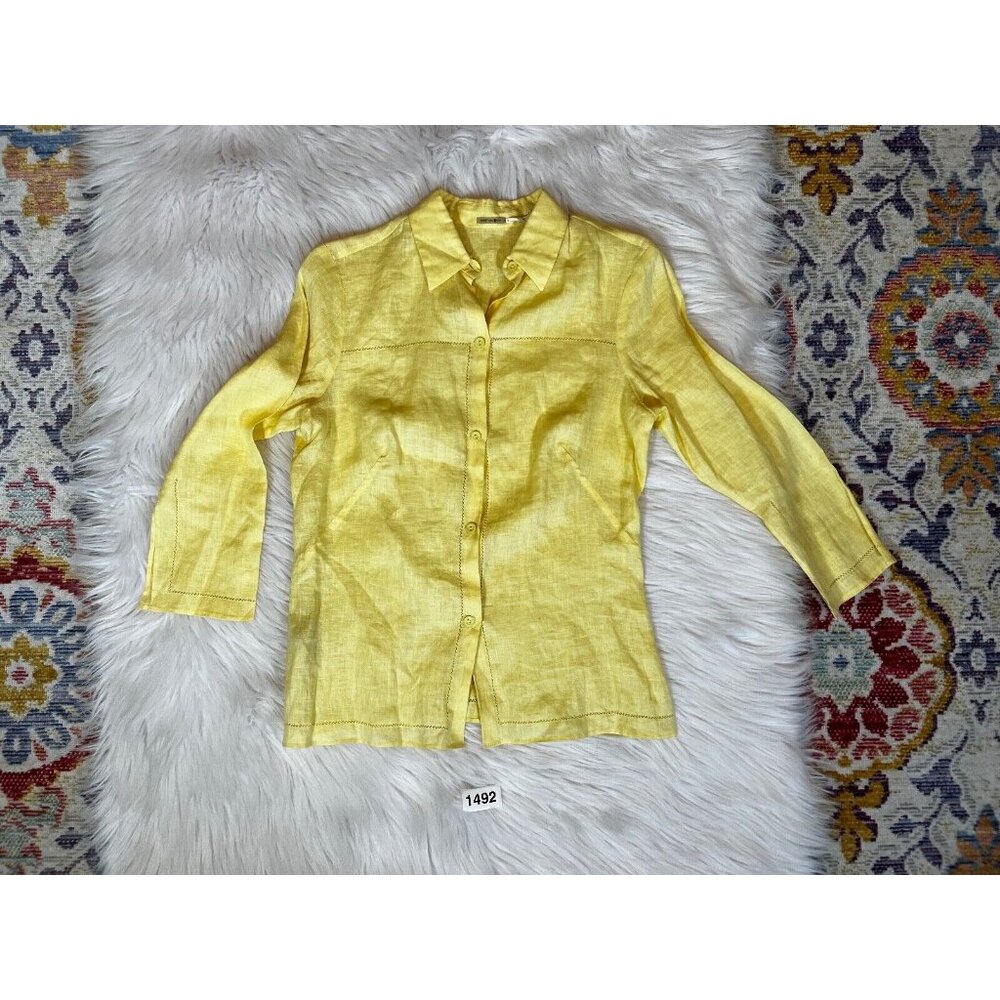 Vintage Max Studio Womens Button Up Shirt Sm Yellow Crochet Slit 3/4 Sleeve - Picture 1 of 7